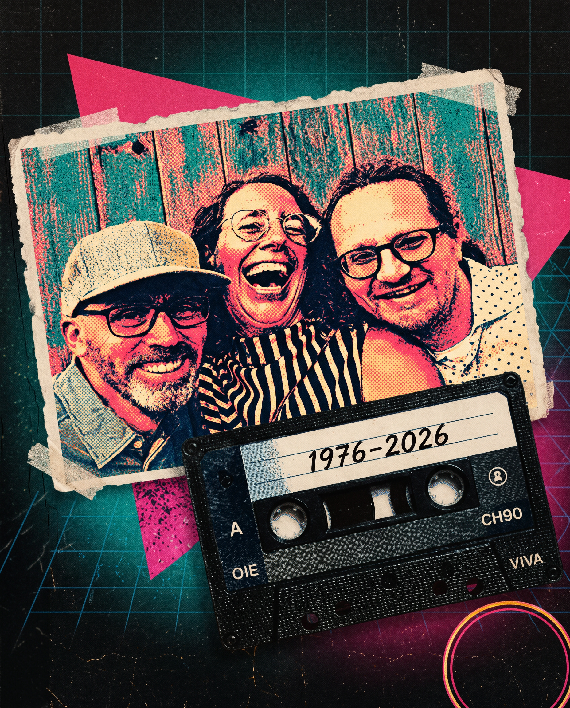 Retro-Collage mit Foto, Kassette und Neon-Formen
